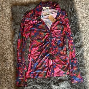 NATURAL LIFE Pink and Blue Ruched Notched Collar Blouse